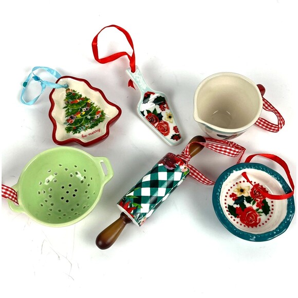 6 Pioneer Woman Christmas Tree Decorations Ceramic Retired 2021 Country Kitchen - Picture 1 of 15